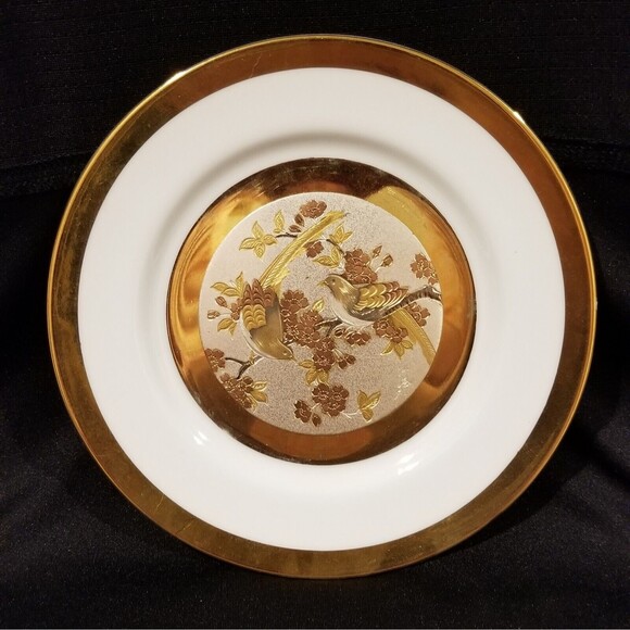 Two (2) Art of Chokin 24KT Gold Edged BIRDS BUTTERFLIES Decorative Plates 6-3/8" - Picture 2 of 8
